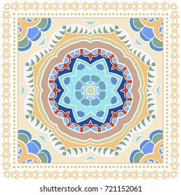 Decorative colorful background, geometric floral doodle pattern with ornate lace frame. Tribal ethnic mandala ornament. Bandanna shawl, tablecloth fabric print, silk neck scarf, kerchief design