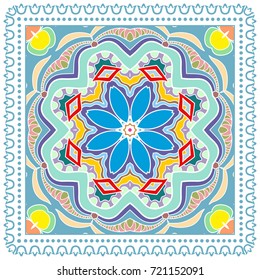 Decorative colorful background, geometric floral doodle pattern with ornate lace frame. Tribal ethnic mandala ornament. Bandanna shawl, tablecloth fabric print, silk neck scarf, kerchief design