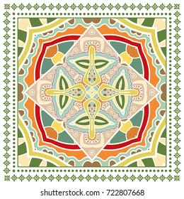Decorative colorful background, geometric floral doodle pattern with ornate lace frame. Tribal ethnic mandala ornament. Bandanna shawl, tablecloth fabric print, silk neck scarf, kerchief design