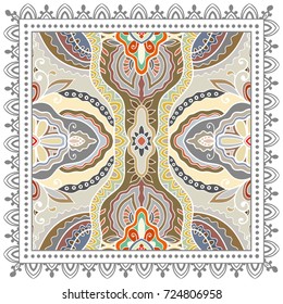 Decorative colorful background, geometric floral doodle pattern with ornate lace frame. Tribal ethnic mandala ornament. Bandanna shawl, tablecloth fabric print, silk neck scarf, kerchief design