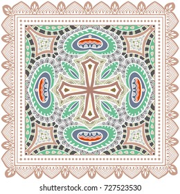 Decorative colorful background, geometric floral doodle pattern with ornate lace frame. Tribal ethnic mandala ornament. Bandanna shawl, tablecloth fabric print, silk neck scarf, kerchief design