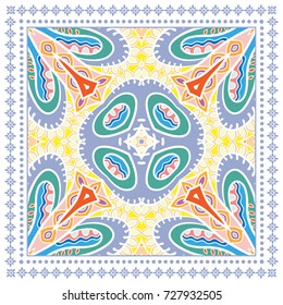 Decorative colorful background, geometric floral doodle pattern with ornate lace frame. Tribal ethnic mandala ornament. Bandanna shawl, tablecloth fabric print, silk neck scarf, kerchief design