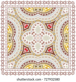 Decorative colorful background, geometric floral doodle pattern with ornate lace frame. Tribal ethnic mandala ornament. Bandanna shawl, tablecloth fabric print, silk neck scarf, kerchief design