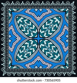 Decorative colorful background, geometric floral doodle pattern with ornate lace frame. Tribal ethnic mandala ornament. Bandanna shawl, tablecloth fabric print, silk neck scarf, kerchief design