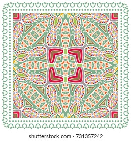 Decorative colorful background, geometric floral doodle pattern with ornate lace frame. Tribal ethnic mandala ornament. Bandanna shawl, tablecloth fabric print, silk neck scarf, kerchief design