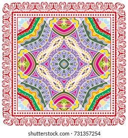 Decorative colorful background, geometric floral doodle pattern with ornate lace frame. Tribal ethnic mandala ornament. Bandanna shawl, tablecloth fabric print, silk neck scarf, kerchief design