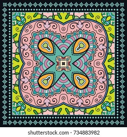 Decorative colorful background, geometric floral doodle pattern with ornate lace frame. Tribal ethnic mandala ornament. Bandanna shawl, tablecloth fabric print, silk neck scarf, kerchief design