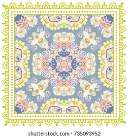 Decorative colorful background, geometric floral doodle pattern with ornate lace frame. Tribal ethnic mandala ornament. Bandanna shawl, tablecloth fabric print, silk neck scarf, kerchief design