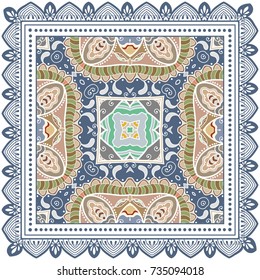 Decorative colorful background, geometric floral doodle pattern with ornate lace frame. Tribal ethnic mandala ornament. Bandanna shawl, tablecloth fabric print, silk neck scarf, kerchief design