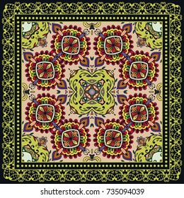 Decorative colorful background, geometric floral doodle pattern with ornate lace frame. Tribal ethnic mandala ornament. Bandanna shawl, tablecloth fabric print, silk neck scarf, kerchief design