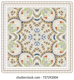 Decorative colorful background, geometric floral doodle pattern with ornate lace frame. Tribal ethnic mandala ornament. Bandanna shawl, tablecloth fabric print, silk neck scarf, kerchief design