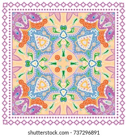 Decorative colorful background, geometric floral doodle pattern with ornate lace frame. Tribal ethnic mandala ornament. Bandanna shawl, tablecloth fabric print, silk neck scarf, kerchief design