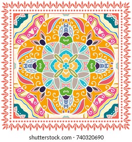 Decorative colorful background, geometric floral doodle pattern with ornate lace frame. Tribal ethnic mandala ornament. Bandanna shawl, tablecloth fabric print, silk neck scarf, kerchief design