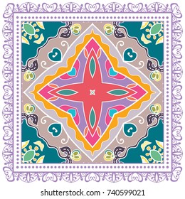 Decorative colorful background, geometric floral doodle pattern with ornate lace frame. Tribal ethnic mandala ornament. Bandanna shawl, tablecloth fabric print, silk neck scarf, kerchief design