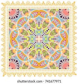 Decorative colorful background, geometric floral doodle pattern with ornate lace frame. Tribal ethnic mandala ornament. Bandanna shawl, tablecloth fabric print, silk neck scarf, kerchief design