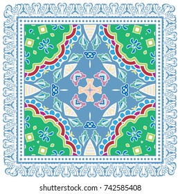 Decorative colorful background, geometric floral doodle pattern with ornate lace frame. Tribal ethnic mandala ornament. Bandanna shawl, tablecloth fabric print, silk neck scarf, kerchief design
