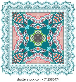 Decorative colorful background, geometric floral doodle pattern with ornate lace frame. Tribal ethnic mandala ornament. Bandanna shawl, tablecloth fabric print, silk neck scarf, kerchief design