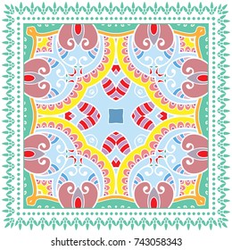 Decorative colorful background, geometric floral doodle pattern with ornate lace frame. Tribal ethnic mandala ornament. Bandanna shawl, tablecloth fabric print, silk neck scarf, kerchief design