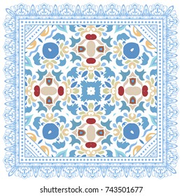 Decorative colorful background, geometric floral doodle pattern with ornate lace frame. Tribal ethnic mandala ornament. Bandanna shawl, tablecloth fabric print, silk neck scarf, kerchief design