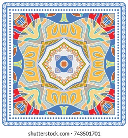 Decorative colorful background, geometric floral doodle pattern with ornate lace frame. Tribal ethnic mandala ornament. Bandanna shawl, tablecloth fabric print, silk neck scarf, kerchief design