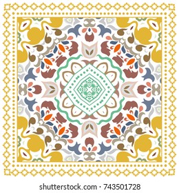 Decorative colorful background, geometric floral doodle pattern with ornate lace frame. Tribal ethnic mandala ornament. Bandanna shawl, tablecloth fabric print, silk neck scarf, kerchief design
