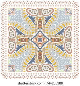 Decorative colorful background, geometric floral doodle pattern with ornate lace frame. Tribal ethnic mandala ornament. Bandanna shawl, tablecloth fabric print, silk neck scarf, kerchief design
