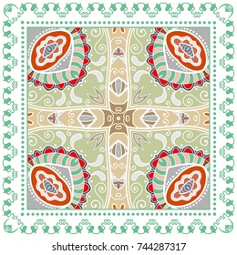Decorative colorful background, geometric floral doodle pattern with ornate lace frame. Tribal ethnic mandala ornament. Bandanna shawl, tablecloth fabric print, silk neck scarf, kerchief design