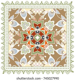 Decorative colorful background, geometric floral doodle pattern with ornate lace frame. Tribal ethnic mandala ornament. Bandanna shawl, tablecloth fabric print, silk neck scarf, kerchief design