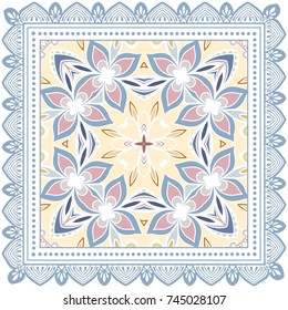 Decorative colorful background, geometric floral doodle pattern with ornate lace frame. Tribal ethnic mandala ornament. Bandanna shawl, tablecloth fabric print, silk neck scarf, kerchief design
