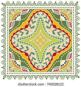 Decorative colorful background, geometric floral doodle pattern with ornate lace frame. Tribal ethnic mandala ornament. Bandanna shawl, tablecloth fabric print, silk neck scarf, kerchief design