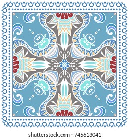 Decorative colorful background, geometric floral doodle pattern with ornate lace frame. Tribal ethnic mandala ornament. Bandanna shawl, tablecloth fabric print, silk neck scarf, kerchief design