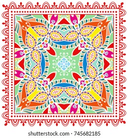 Decorative colorful background, geometric floral doodle pattern with ornate lace frame. Tribal ethnic mandala ornament. Bandanna shawl, tablecloth fabric print, silk neck scarf, kerchief design