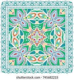 Decorative colorful background, geometric floral doodle pattern with ornate lace frame. Tribal ethnic mandala ornament. Bandanna shawl, tablecloth fabric print, silk neck scarf, kerchief design