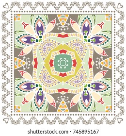 Decorative colorful background, geometric floral doodle pattern with ornate lace frame. Tribal ethnic mandala ornament. Bandanna shawl, tablecloth fabric print, silk neck scarf, kerchief design