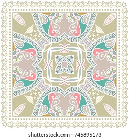 Decorative colorful background, geometric floral doodle pattern with ornate lace frame. Tribal ethnic mandala ornament. Bandanna shawl, tablecloth fabric print, silk neck scarf, kerchief design
