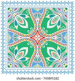 Decorative colorful background, geometric floral doodle pattern with ornate lace frame. Tribal ethnic mandala ornament. Bandanna shawl, tablecloth fabric print, silk neck scarf, kerchief design