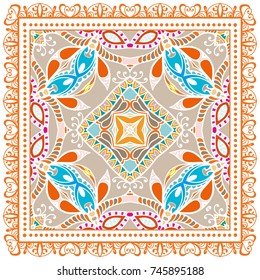 Decorative colorful background, geometric floral doodle pattern with ornate lace frame. Tribal ethnic mandala ornament. Bandanna shawl, tablecloth fabric print, silk neck scarf, kerchief design