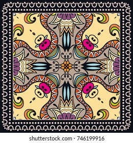 Decorative colorful background, geometric floral doodle pattern with ornate lace frame. Tribal ethnic mandala ornament. Bandanna shawl, tablecloth fabric print, silk neck scarf, kerchief design