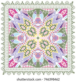 Decorative colorful background, geometric floral doodle pattern with ornate lace frame. Tribal ethnic mandala ornament. Bandanna shawl, tablecloth fabric print, silk neck scarf, kerchief design