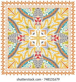 Decorative colorful background, geometric floral doodle pattern with ornate lace frame. Tribal ethnic mandala ornament. Bandanna shawl, tablecloth fabric print, silk neck scarf, kerchief design