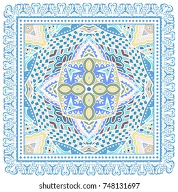 Decorative colorful background, geometric floral doodle pattern with ornate lace frame. Tribal ethnic mandala ornament. Bandanna shawl, tablecloth fabric print, silk neck scarf, kerchief design