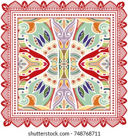 Decorative colorful background, geometric floral doodle pattern with ornate lace frame. Tribal ethnic mandala ornament. Bandanna shawl, tablecloth fabric print, silk neck scarf, kerchief design