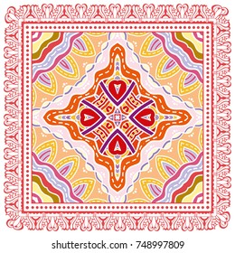 Decorative colorful background, geometric floral doodle pattern with ornate lace frame. Tribal ethnic mandala ornament. Bandanna shawl, tablecloth fabric print, silk neck scarf, kerchief design