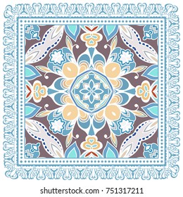 Decorative colorful background, geometric floral doodle pattern with ornate lace frame. Tribal ethnic mandala ornament. Bandanna shawl, tablecloth fabric print, silk neck scarf, kerchief design