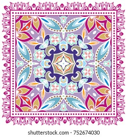 Decorative colorful background, geometric floral doodle pattern with ornate lace frame. Tribal ethnic mandala ornament. Bandanna shawl, tablecloth fabric print, silk neck scarf, kerchief design