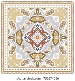 Decorative colorful background, geometric floral doodle pattern with ornate lace frame. Tribal ethnic mandala ornament. Bandanna shawl, tablecloth fabric print, silk neck scarf, kerchief design