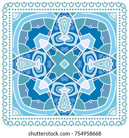 Decorative colorful background, geometric floral doodle pattern with ornate lace frame. Tribal ethnic mandala ornament. Bandanna shawl, tablecloth fabric print, silk neck scarf, kerchief design