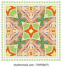 Decorative colorful background, geometric floral doodle pattern with ornate lace frame. Tribal ethnic mandala ornament. Bandanna shawl, tablecloth fabric print, silk neck scarf, kerchief design