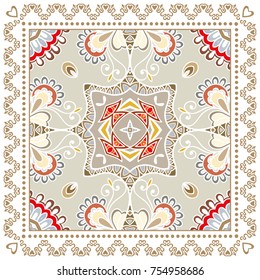 Decorative colorful background, geometric floral doodle pattern with ornate lace frame. Tribal ethnic mandala ornament. Bandanna shawl, tablecloth fabric print, silk neck scarf, kerchief design