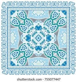 Decorative colorful background, geometric floral doodle pattern with ornate lace frame. Tribal ethnic mandala ornament. Bandanna shawl, tablecloth fabric print, silk neck scarf, kerchief design